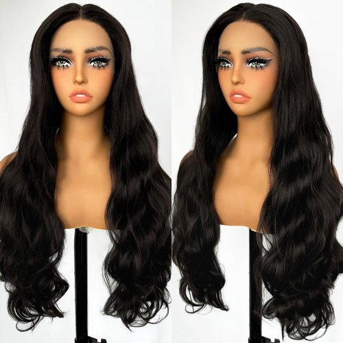 SOKU Body Wave Synthetic Lace Front Wigs 30 Inch Middle Part Wavy Wig With Baby Hair Dark Brown Glueless Hair Replacement Wigs for Women Natural Wave Lace Front Wigs