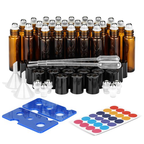 ComSaf Glass Essential Oil Roller Bottles, Set of 24, 10 ML Amber Glass Bottles with Stainless Steel Roller Balls, Leakproof Essential Oil Container Kits with Labels, Dropper, for Facial Body Care