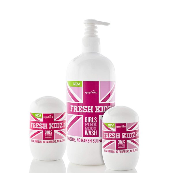 Fresh Kidz Body Wash 16.9 fl.oz. and 2 Roll On Deodorants 1.86 fl.oz. for Kids and Teens - Girls "Pink" Set