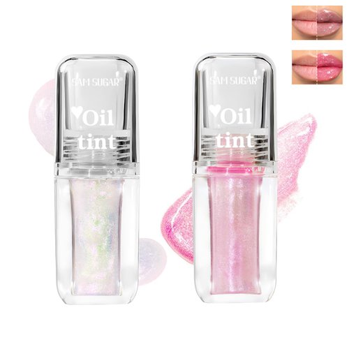 LADDYFOX 2 Pcs Magic Color Changing Lip Oil, Long Lasting Glitter Shimmer Lip Gloss with Big Brush, Non-sticky and Fresh Texture Lip Glow Oil, Moisturizing Lip Care Makeup (Glitter, 02# + 04#)