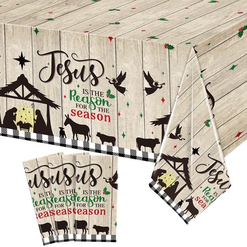 WovWeave 3 Pcs Christmas Tablecloth Religious Holy Nativity Table Cloth Disposable Plastic Rectangle Table Cover Jesus is The Reason for The Season for Xmas Winter Holiday Party Decor, 54"x 108"
