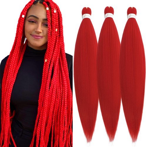Pre Stretched Braiding Hair Long Braid 24 Inch 3 Packs Braiding Hair Extensions Professional Synthetic Fiber Crochet Twist Braids (Red, 24Inch (Pack of 3))
