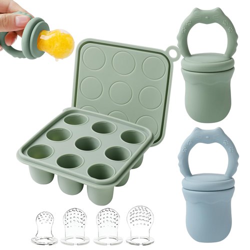 Eoopoon Baby Fruit Food Feeder Teether & Baby Food Freezer Tray Combo, Teething Popsicle Molds for Babies 3-6, 12 Months, Food Feeder for Infant Self Feeding, Food Storage Containers Freezer(Sage)