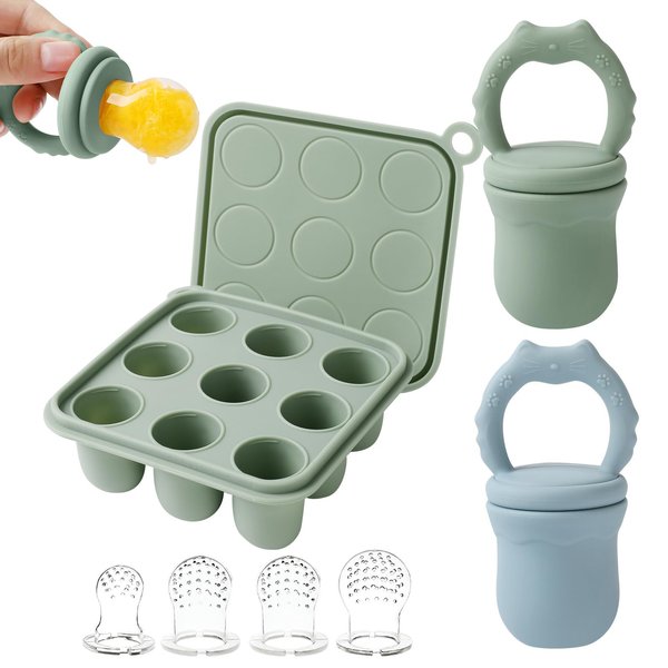 Eoopoon Baby Fruit Food Feeder Teether & Baby Food Freezer Tray Combo, Teething Popsicle Molds for Babies 3-6, 12 Months, Food Feeder for Infant Self Feeding, Food Storage Containers Freezer(Sage)