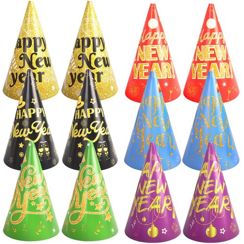 TOQI 12 Pieces Colorful New Years Eve Paper Cone Hat Happy New Year Party Hats New Year Hat Kids' Party Hats for Kids and Adults New Years Eve Party Supplies Decorations Favors
