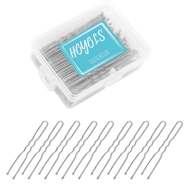 HOYOLS U Shaped Hair Pins Silver, U Shape Bobby Pins Metal Curved Curly Waved Bun Clips Hairpin for Buns Women Girls Grips Hairstyle Updo Thin Thick Hair 100 Count 2.4 Inches (Silver)