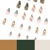 MISUD Medium Almond Press on Nails Stiletto Fake Nails Glossy Glue on Nails Fall Brown Plaid Acrylic Nails Green French Tip Flower Stick on False Nails with Design 24 pcs