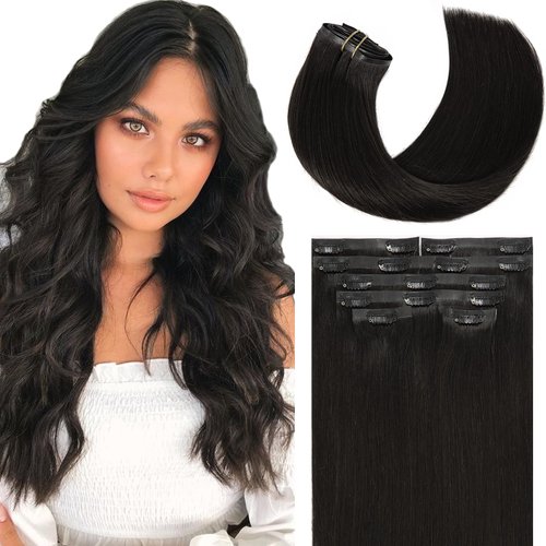 Loxxy Seamless Hair Extensions Clip in Human Hair For Women Ultra-Invisible PU Weft Clip On Hair Extensions Natural Black #1B Color 14inch 7 Pieces Thick Seamless Clip in Hair 110gram