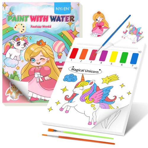 NYPEN Paint with Water Books for Kids with Stickers, Watercolor Painting Books Kit for Toddlers Ages 2 3 4 5 6 7, Water Color Paint Set Art Craft Gift for Drawing with 3 Brushes (Princess)