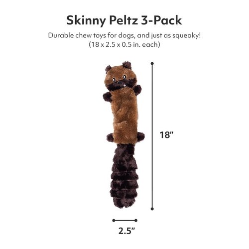 ZippyPaws Skinny Peltz - Chipmunk, Lemur, Monkey - No Stuffing Squeaky Dog Toys, Unstuffed Chew Toy for Small & Medium Breeds, Bulk Multi-Pack of 3 Soft Plush Toys, Flat No Stuffing Puppy Toys - 18"