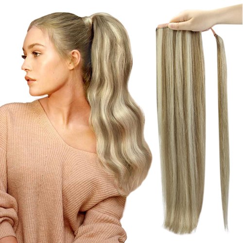 Full Shine Ponytail Hair Extensions Human Hair for Women Long Straight Ponytail Extensions Remy Human Hair Highlighted Ash Brown and Platinum Blonde 80Grams Hair Clip Ponytail Extensions 22Inch