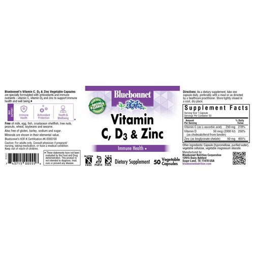 Bluebonnet Nutrition Vitamin C, D3 & Zinc, for Immune Health and Respiratory Function*, Soy-Free, Gluten-Free, Non-GMO, Kosher Certified, Dairy-Free, 50 Vegetable Capsules, 50 Servings