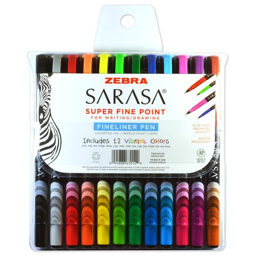 Zebra Pen Sarasa Fineliner Marker Pen, Needle Point, 0.8mm, Assorted Ink Colors, 12-Pack