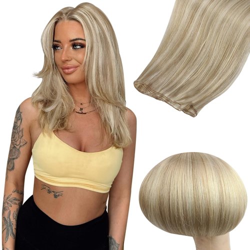 Full Shine Genius Weft Hair Extensions Human Hair Color Ash Blonde Mix Golden Blonde Hand Tied Hair Extensions Soft Silky Hair Sew In Human Hair Extensions For Women 18 Inch 80G