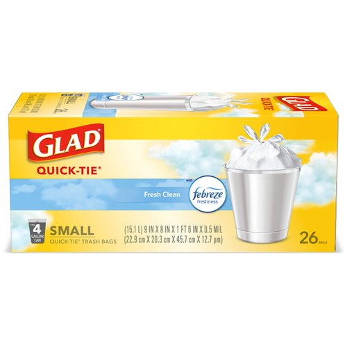 Glad Trash Bags, Small Garbage Bags - OdorShield 4 Gallon White Trash Bag, Gain Fresh Scent with Febreze - 26 Count (Pack of 6)
