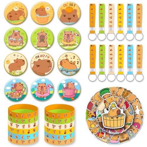 Heidaman Capybara Party Favors ，Capybara Birthday Decorations For Kids Capybara Birthday Party Supplies For Girls Includes 12 Bracelets,12 Button Pins,12 Key Chain,50 Stickers