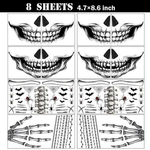 8Pcs Skeleton Face Tattoo Halloween Accessories，Halloween Tattoos Ghost Face Temporary Tattoo,Halloween Make Up Halloween Face Tattoos Stickers Zombie Makeup Kit (A-8 skeleton face tattoo)