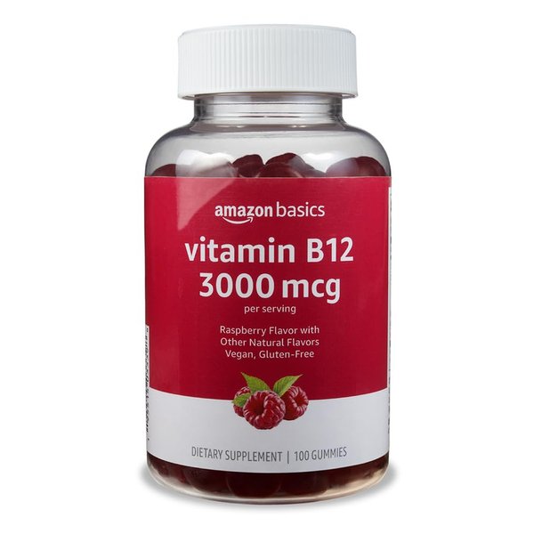 Amazon Basics Vitamin B12 3000 mcg Gummies, Normal Energy Production and Metabolism, Immune System Support, Raspberry, 100 Count (2 per serving) (Previously Solimo)