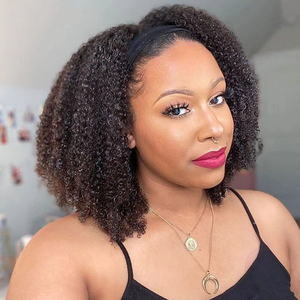 ISEE Wear and Go Mongolian Afro Kinky Curly Headband Wig Human Hair 200% Density Afro Wigs for Black Women Human Hair Natural Curls Grade 10A Glueless Human Hair Wigs (18 Inch)