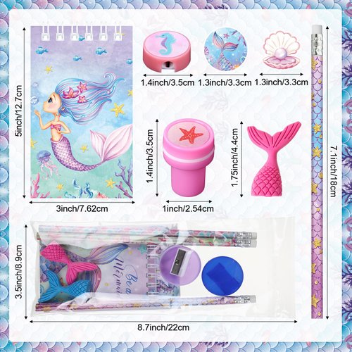 Faccito Mermaid Party Favors Mermaid School Stationery Set Class Reward Gift Notebooks Pencils Sharpener Erasers Stickers Sharpeners Stampers Mermaid Birthday Decoration Supplies (Lovely,86 Sets)