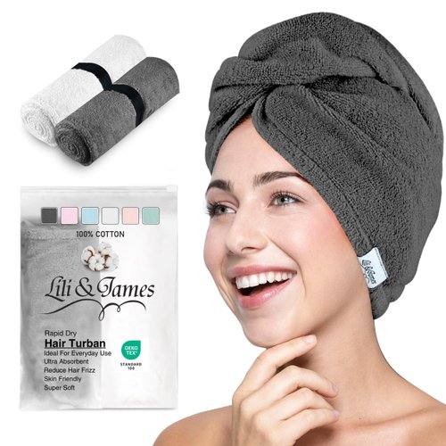 Cotton Hair Towel Wrap for Women/Kids | Quick Dry, Soft & Absorbent 420-GSM Hair Wrap Towels with Double Button | Anti Frizz, Non Microfiber Hair Turbans for Curly, Long & Thick Hair (White+Grey)