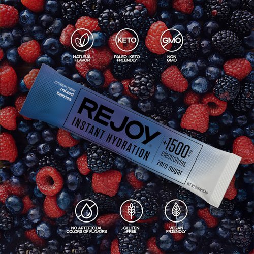 Rejoy – Electrolyte Powder Packets, 10 Sticks – Hydration Drink Mix Supplement – Sugar Free, Keto and Paleo Friendly, Vegan, Non-GMO, Easy Open Single-Serving Stick (Mixed Berries)