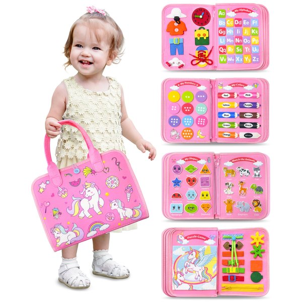 Walenty Toddler Busy Board Montessori Toys for 1 2 3 4 Year Old Girl Birthday Gifts, Busy Book Sensory Learning Toys for Toddlers 1-3, Educational Activities Airplane Car Travel Toys for Ages 2-4 Girl