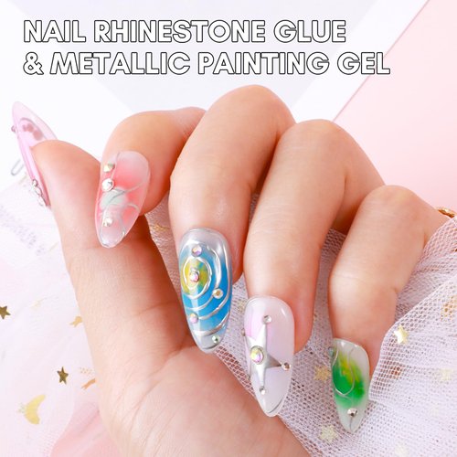 Makartt Nail Rhinestone Glue with Chrome Gel Nail Polish Kit, Super Strong Gel Nail Glue with Silver Metallic Painting Gel Set for 3D Nails Art Decoration Manicure(30ML+8ML)