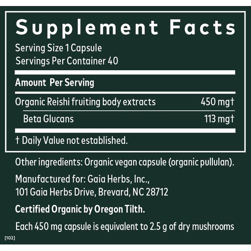 Gaia Herbs Reishi Mushroom - Helps Maintain a Healthy Immune System & Supports Heart Health - Adaptogen Herbal Supplement for Longevity Support - 40 Vegan Liquid Phyto-Capsules (40-Day Supply)