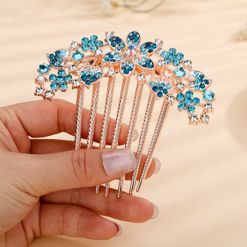 Jumwrit Crystal Bride Wedding Hair Comb Love Heart Leaf Colorful Rhinestone Flower Hair Side Comb Rose Gold Hair Clip Comb Floral Vintage Bridesmaid Headpiece Bridal Hair Jewelry for Women Girls(Blue)