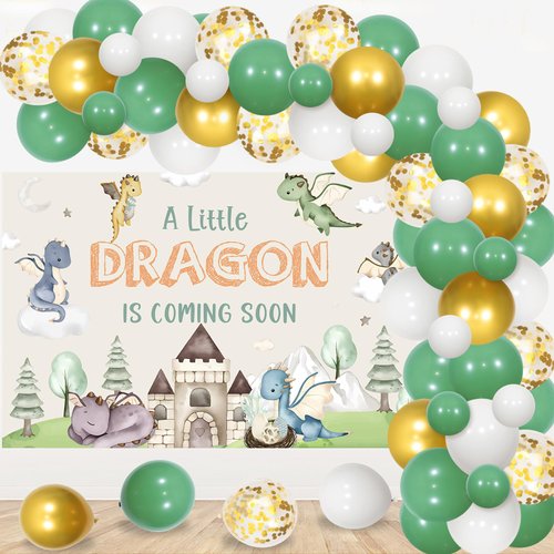 JOYMEMO Hatching Soon Dragon Baby Shower Decorations - Balloon Garland Arch Kit with Watercolor A Little Dragon is Coming Soon Baby Shower Backdrop, Dragons Theme Gender Reveal Party Supplies