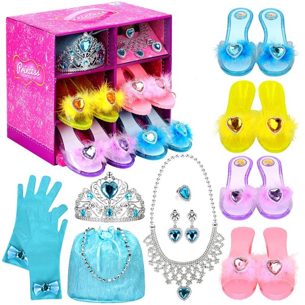 Princess Dress Up Shoes Set, Girls Role Play Dress Up Toys, Toddler Pretend Jewelry Boutique Kit Gift Set for Little Girls Aged 3-6 Years Old, 4 Pairs of Shoes Kit Include Princess Accessories