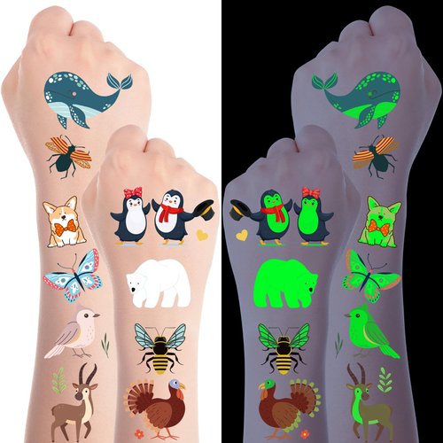 Luminous Animal Temporary Tattoo for Kids - Luvsweets 25 Sheets Glow In The Dark Temporary Tattoos Glitter Insect Dinosaur Fake Tattoo Stickers for Boys Girls Halloween Party Supplies Decor Favors