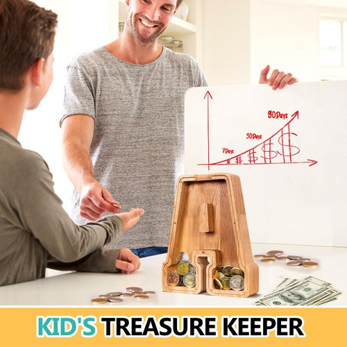 ELX Wooden Piggy Bank, Piggy Bank for Kids, Unbreakable Wooden Letter Piggy Bank,Wood Letter Money Saving Box, Gift for Kids (A)