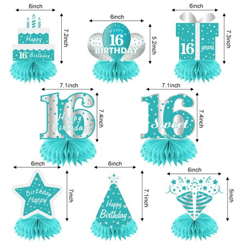 Teal Sweet 16th Birthday Decorations Honeycomb Centerpieces, 8Pcs Breakfast Blue Happy 16 Birthday Table Centerpieces Party Supplies for Girls, Teal Blue Sixteen Bday Party Table Toppers Sign Decor