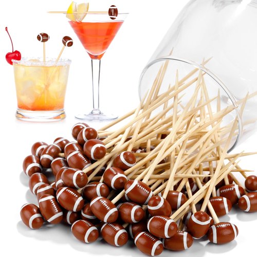 Aodaer 100 Pieces Bamboo Cocktail Picks 4.7 Inch Decorative Sports Ball End Cocktail Skewers Wooden Decorative Fruit Toothpicks Fruits Sandwich Buffets Party Supplies (Football)