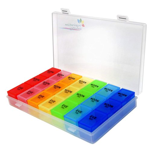 Rainbow Weekly Pill Organizer with Snap Lids| 7-Day AM/PM | Detachable Compartments for Bigger Pills, Vitamin. (Rainbow)