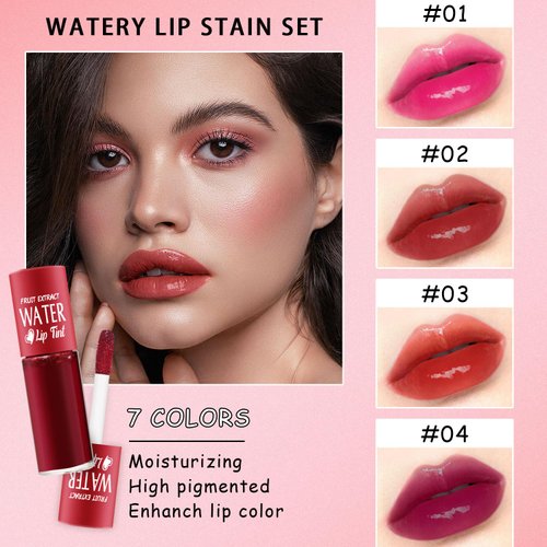 7 Colors Lip Tint Stain Set, Plumping Mini Liquid Lipstick, Korean Lip Gloss Moisturizing Natural, Multi-Use Lip and Cheek Tint, Long lasting Non-Stick Cup Waterproof，High Pigment, Vivid Color (SET A)