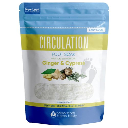 Circulation Foot Soak (2 Lbs) Epsom Salt with Natural Ginger, Cypress, Eucalyptus, and Lavender Essential Oils Plus Vitamin C in BPA Free Pouch with Easy Press-Lock Seal