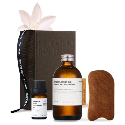 TOUN28 Mindful Body Oil 3.38 fl.oz / 100ml & GUA SHA Set, Calming and Relaxing Body Massage Oil, Sensitive Skin, YLANG YLANG and Rosemary Scent