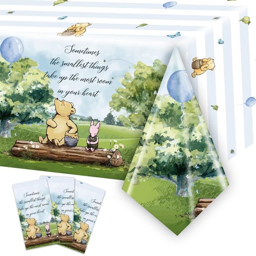AURORAPARTY 3pcs Bear Tablecloth Baby Shower Decorations Bear Table Cover Watercolor Plastic Disposable Rectangle Tablecloth Oh Baby Party Supplies for Kids Boys, 54 x 108 Inches