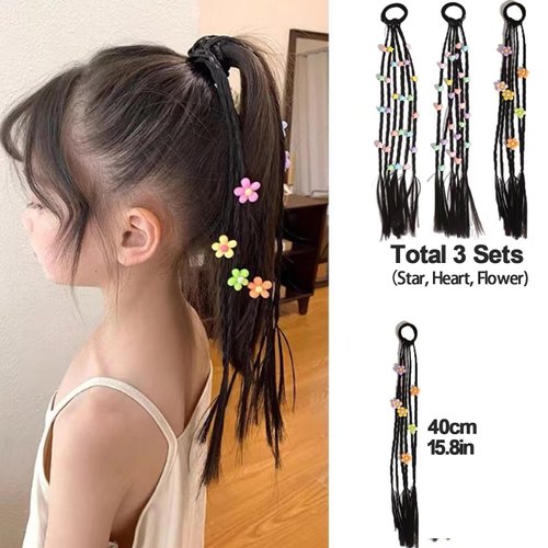 AsggBah Braids Ponytail Wigs Extensions, 3 Packs Decorated with Colored Flowers Hearts Stars & Rubber Bands, Braiding Ponytail Hair Extensions for Little Girls Kids