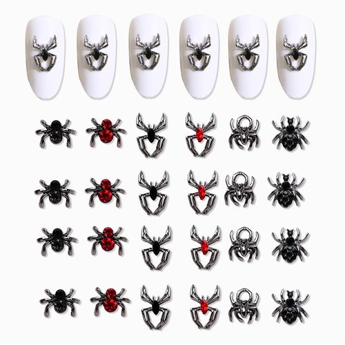 24 Pcs 3D Halloween Spider Nail Art Charms Crystals Diamonds Rhinestones, Metal Alloy Gothic Black Red Gems Nail Accessories for Women Nail Art Decoration Craft Jewelry DIY(6 Styles)