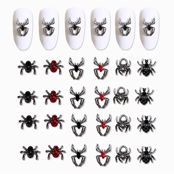 24 Pcs 3D Halloween Spider Nail Art Charms Crystals Diamonds Rhinestones, Metal Alloy Gothic Black Red Gems Nail Accessories for Women Nail Art Decoration Craft Jewelry DIY(6 Styles)