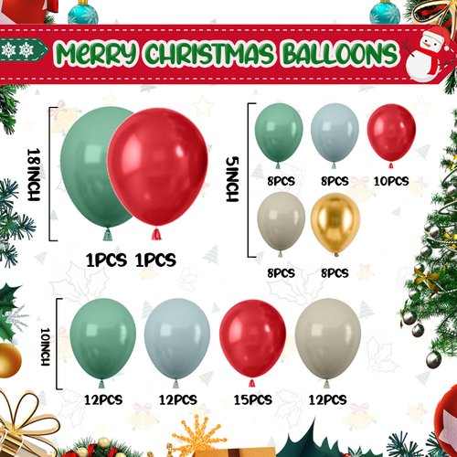 Christmas Balloon Arch Garland Kit, Retro Green Dusty Blue Balloons Arch with Christmas Candy Cane Windmill Foil Balloons, Red Gold Sand White Balloons for Christmas Decorations New Year Winter Party