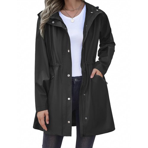 Zeagoo Black Women's Raincoats Waterproof Rain Jacket Raincoat with Hood Lightweight Long Windbreaker Jacket Trench Coat S