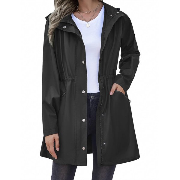Zeagoo Black Women's Raincoats Waterproof Rain Jacket Raincoat with Hood Lightweight Long Windbreaker Jacket Trench Coat S
