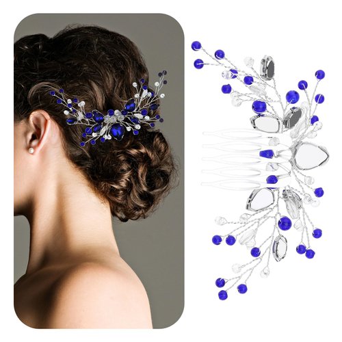 Micro Traders Blue Crystal Pearl Hair Comb Sapphire Pearl Hair Brush Flower Rhinestones Hair Combs Wedding Hair Accessories for Women Girls Lady