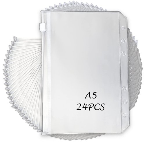 24PCS A5 Binder Pockets A5 Budget Envelopes with Zipper Binder Zipper Folders for A5 6-Ring Notebook Binder, Waterproof Cash Envelope Document Filing Bags