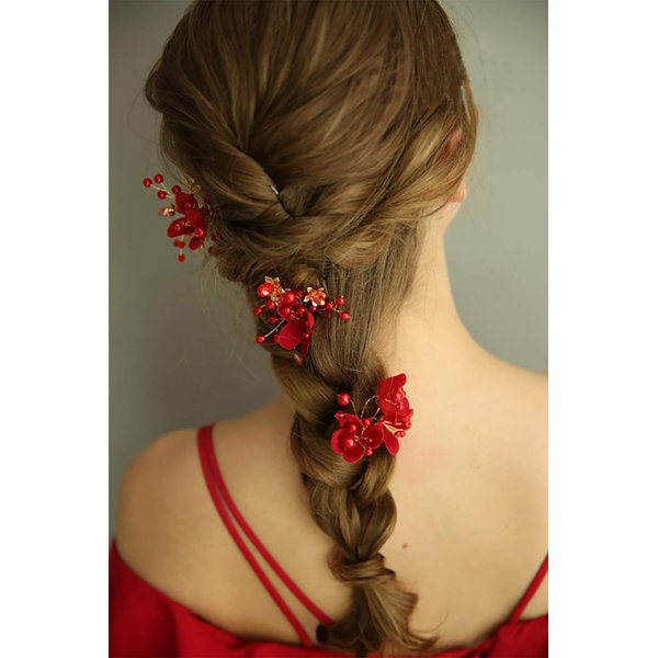 FXmimior Bridal Hair Accessory, Red Flower Hair Comb with Rhinestones and Pearls for Women, Bride, Prom, Party, Evening